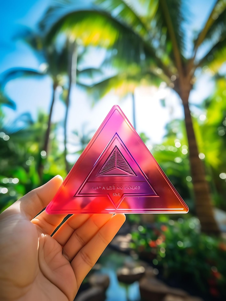 Foto colección de tarjetas triangulares de plástico pegadas a las ramas de las palmeras con una etiqueta de colgar de la naturaleza vintage