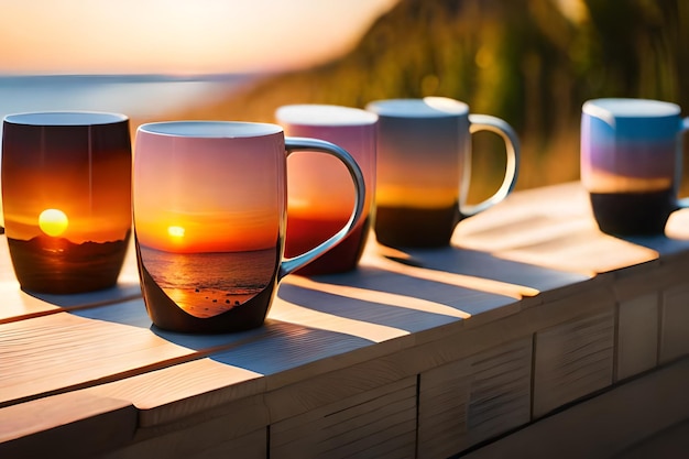 Una colección de tazas con un atardecer pintado en ellas realista