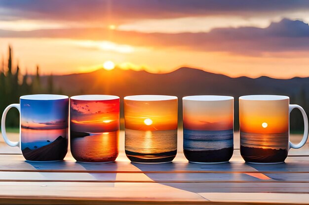 Foto una colección de tazas con un atardecer pintado en ellas realista