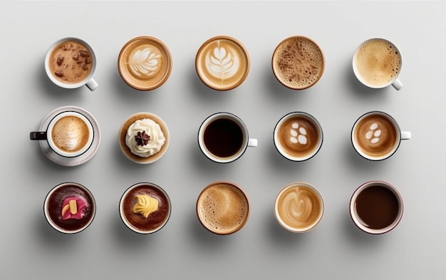 una colección de tazas de café con diferentes diseños.
