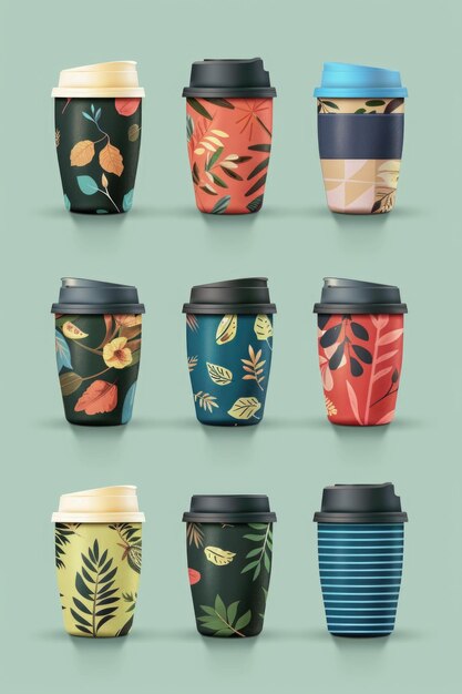 Foto una colección de tazas de café con varios diseños perfectas para los amantes del café y aquellos que buscan agregar un toque de personalidad a su rutina matutina