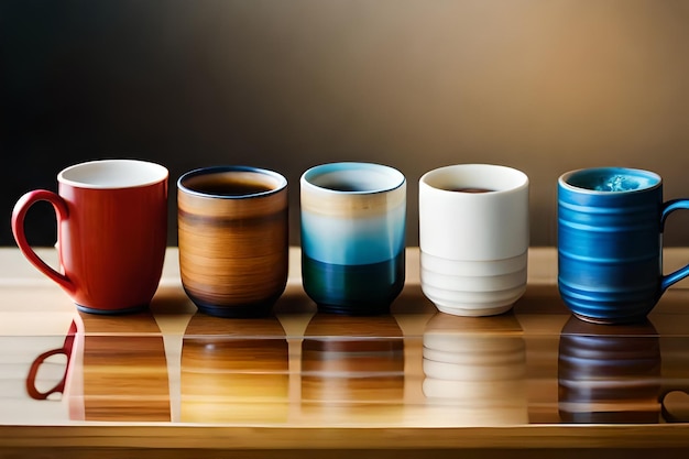 una colección de tazas de cerámica con diferentes colores en ellos.