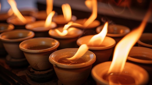 Una colección de tazas de cerámica llenas de miel y encendidas en fuego antes de ser aplicadas a la piel