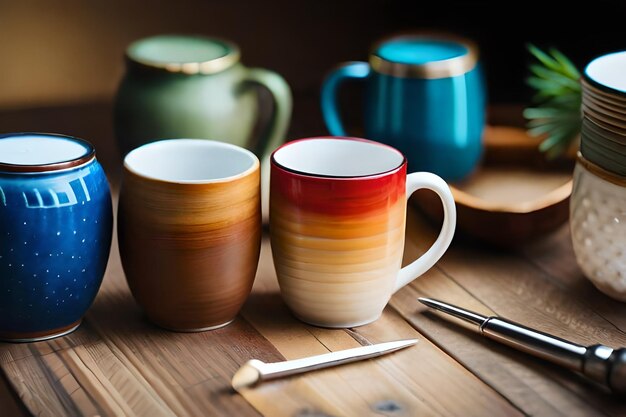 Una colección de tazas de colores sobre una mesa de madera.