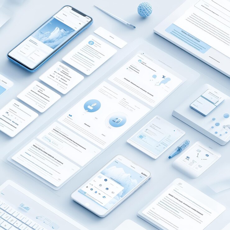 Foto una colección de teléfonos celulares blancos y azules con uno que dice toque en la pantalla