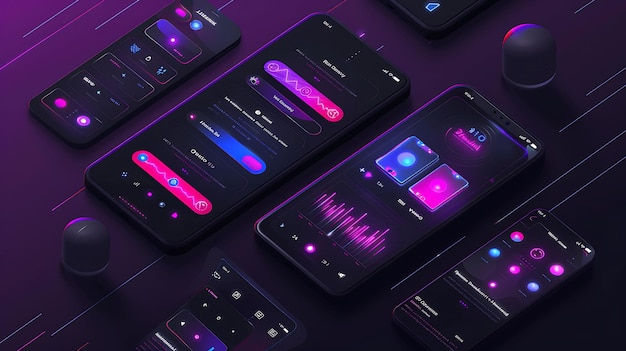 una colección de teléfonos inteligentes con las luces púrpuras y rosas en la pantalla