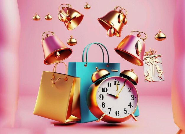 Colección temática de compras que incluye una bolsa de compras con caja de regalo flotante y un reloj despertador con dos campanas sobre fondo rosa