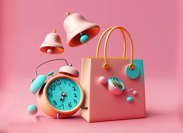 Colección temática de compras que incluye una bolsa de compras con caja de regalo flotante y un reloj despertador con dos campanas sobre fondo rosa