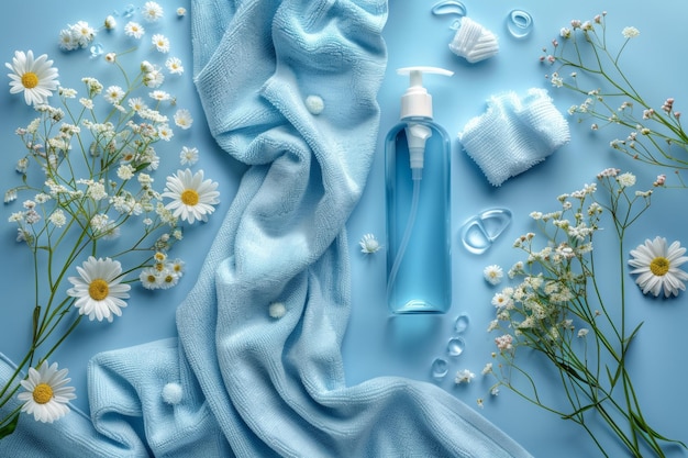 Una colección de toallas azules una botella de spray y flores de cerezo rosas salpicadas con gotas de agua en una superficie texturizada