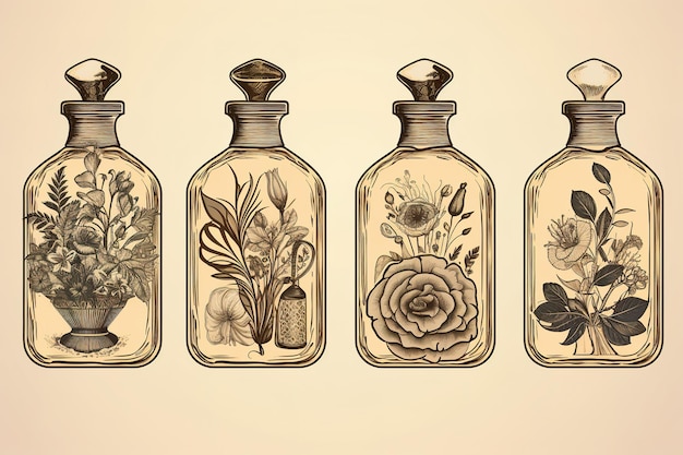 una colección de tres botellas, cada una de las cuales contiene una flor