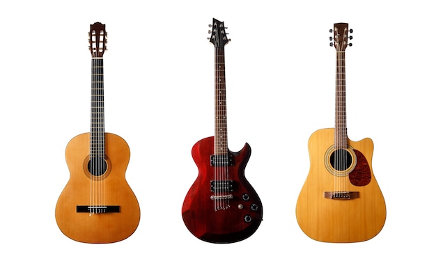 Colección de tres guitarras sobre un fondo blanco aislado.