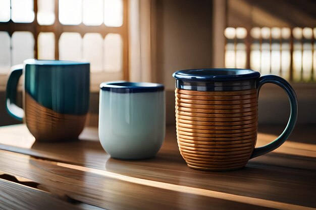 una colección de tres tazas de té sobre una mesa de madera.