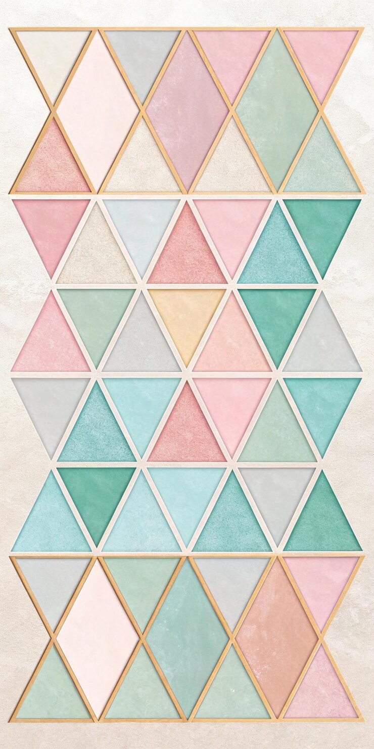 una colección de triángulos de colores con un fondo azul y verde