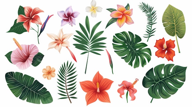 Foto una colección tropical de flores y hojas exóticas elementos aislados sobre un fondo blanco diseño moderno