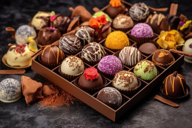 Colección de trufas de chocolate con toppings únicos creados con IA generativa