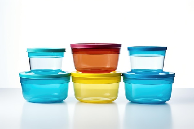 Colección de Tupperware de plástico aislada sobre un fondo blanco