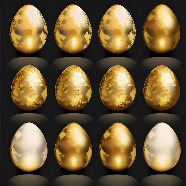 Foto colección única de huevos de pascua de color dorado con fondo negro 7