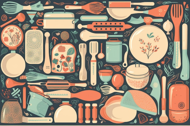 Colección de utensilios de cocina con diferentes diseños, formas y colores creados con IA generativa