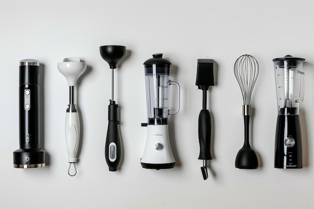 Foto una colección de utensilios de cocina se muestran en una pared