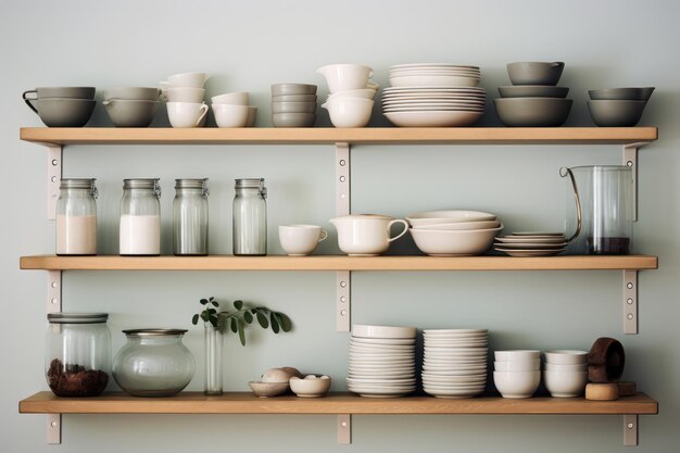 Colección de vajilla de cerámica limpia y moderna en una estantería de madera
