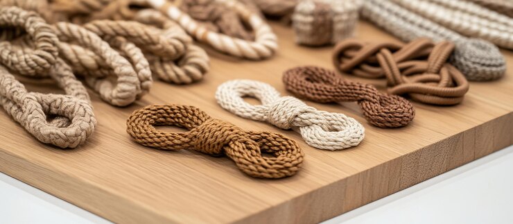 Foto colección de varias cuerdas y nudos de fibras naturales en tonos beige y marrón dispuestos en una superficie de madera