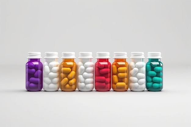 Foto una colección de varias pastillas de colores almacenadas en botellas de vidrio perfectas para conceptos médicos o farmacéuticos