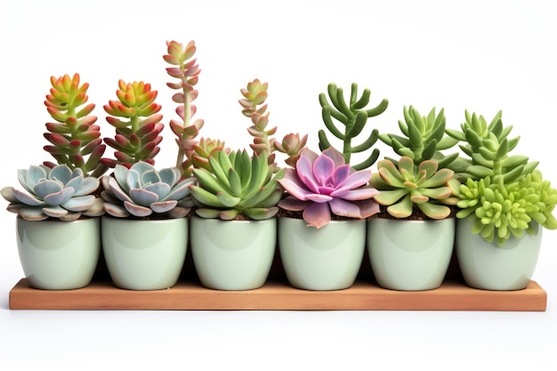 Colección de varios cactus y plantas jugosas en varias ollas Plantas de interior sobre un fondo blanco