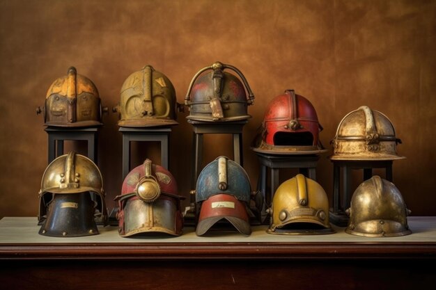 Colección de varios cascos de bombero históricos creados con IA generativa