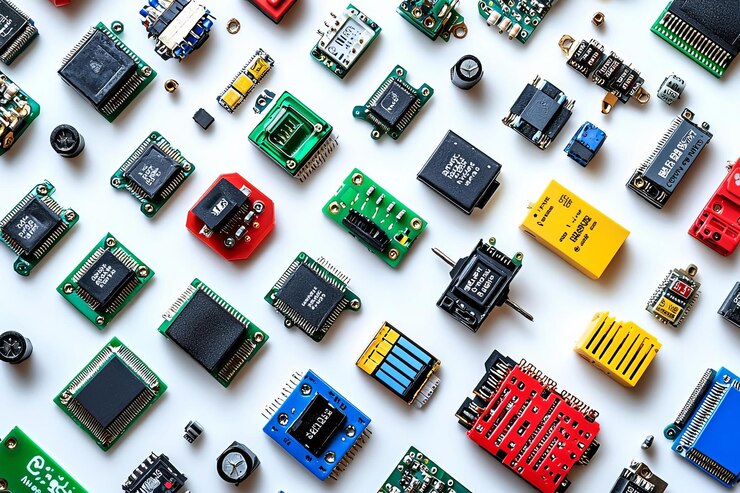 Foto una colección de varios componentes electrónicos exhibidos cuidadosamente en una mesa que muestra diferentes formas
