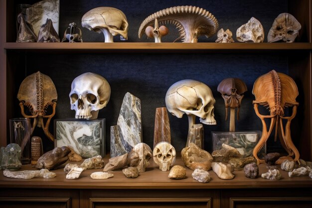 Colección de varios fósiles prehistóricos en exhibición creados con AI generativa