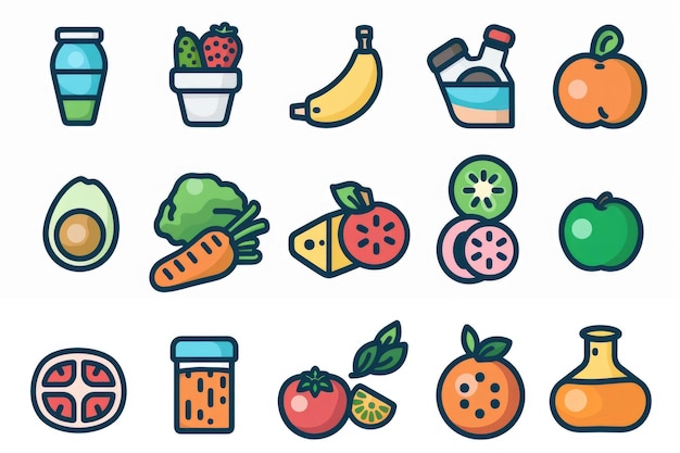 Foto colección de varios iconos de alimentos y bebidas en un fondo blanco ideal para el diseño de menús o proyectos culinarios
