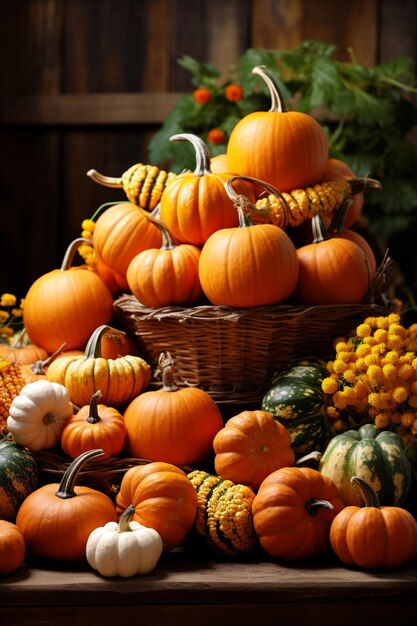 Una colección de varios tipos de calabazas arreglo de otoño y cosechado