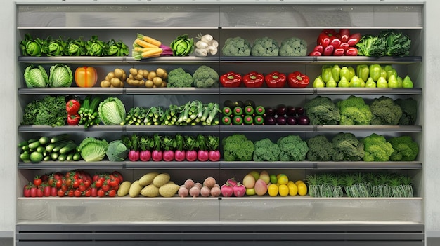 Colección de varios tipos de verduras frescas orgánicas estantes ordenados en la tienda del mercado fondo papel tapiz imagen generada por IA
