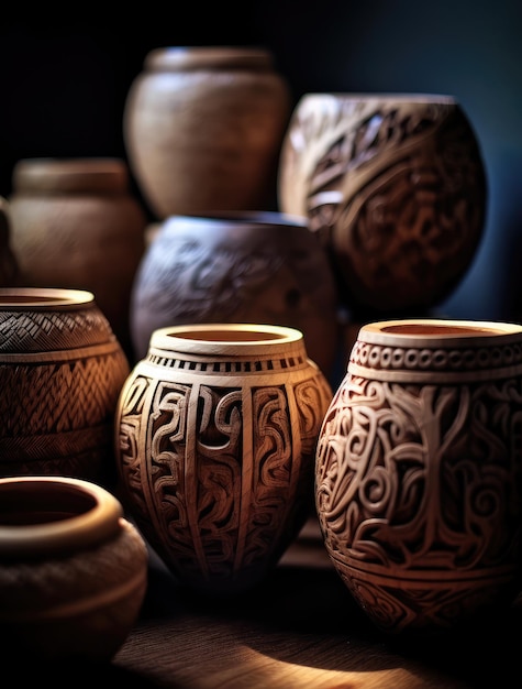 Una colección de vasijas de barro con un diseño en el frente.