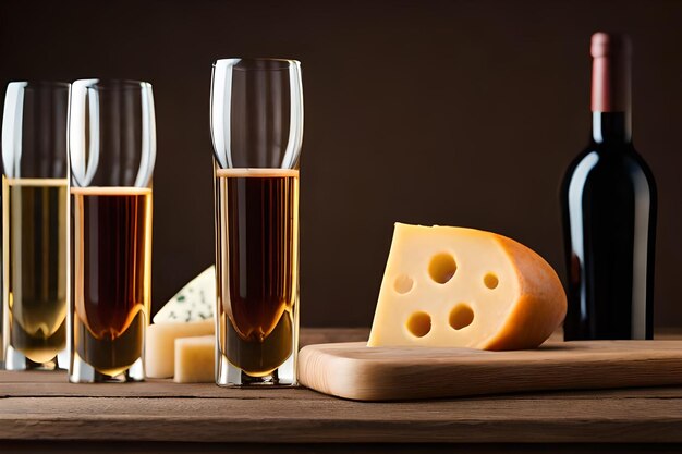 Foto una colección de vasos de cerveza y queso con queso y queso.