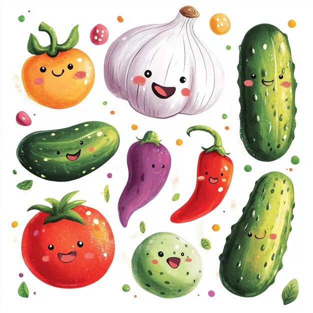 Una colección de verduras de dibujos animados incluyendo un pepino un tomate y un pimienta