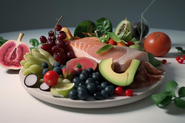 Una colección de verduras y frutas saludables en un plato blanco.