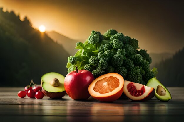 Colección vibrante de frutas y verduras saludables generadas
