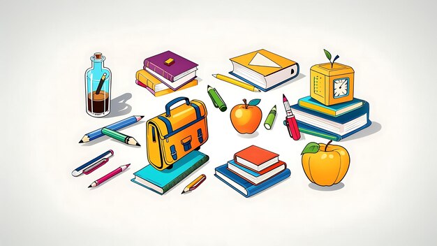 Colección vibrante de iconos de temática escolar que representan recursos de educación y aprendizaje