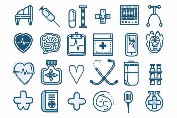 Una colección de vibrantes y coloridos iconos médicos que incluyen pastillas jeringas botellas y estetoscopios ideales para infografías de atención médica