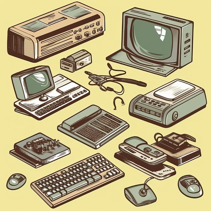 Foto una colección de viejos accesorios de computadora, incluido un monitor de computadora y un teclado