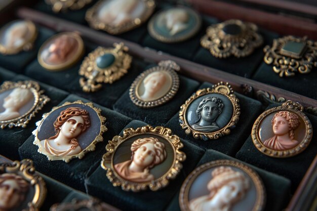 una colección de viejos botones de bronce incluyendo una de las cabezas de dos mujeres