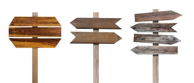Colección de viejos signos de madera aislados en fondo blanco Objeto con ruta de recorte