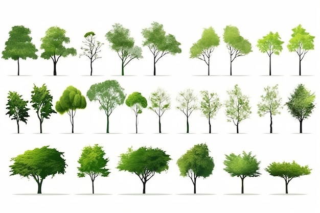 Colección de vistas laterales abstractas de árboles verdes aislados sobre un fondo blanco
