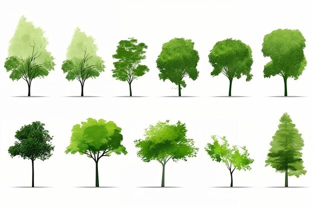 Colección de vistas laterales abstractas de árboles verdes aislados sobre un fondo blanco