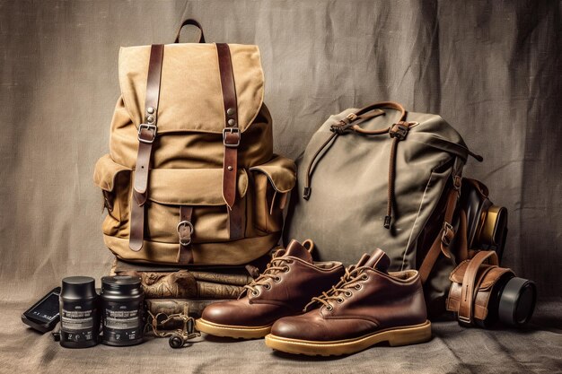 Una colección de zapatos de cuero, una mochila y una mochila están dispuestas sobre una mesa.