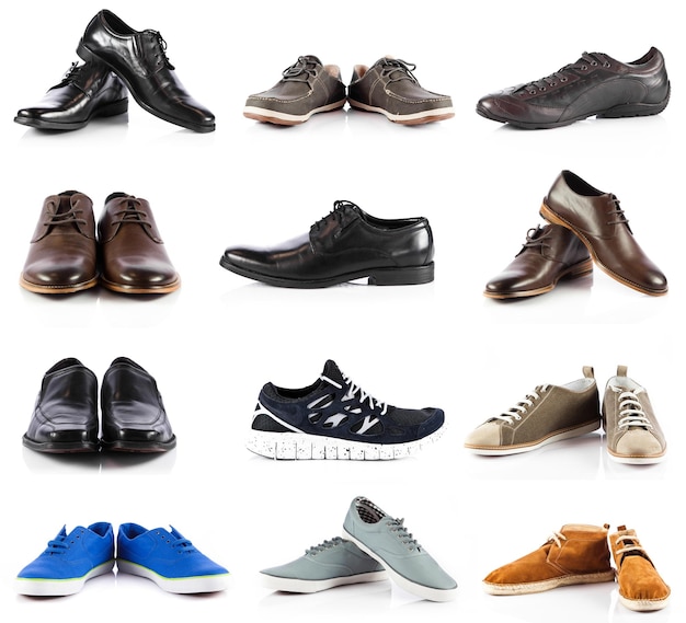 Colección de zapatos masculinos zapatos de hombre sobre fondo blanco.