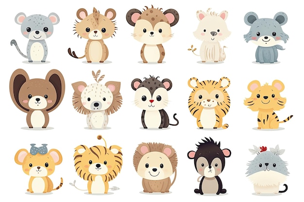 colección de zoológico Conjunto de diseños de dibujos animados de animales lindos ai generativo