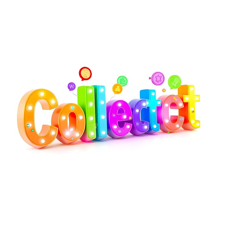 Foto coleccionable coleccionador de texto en 3d reúne con entusiasmo letras vibrantes de varios colores brillan coleccionador