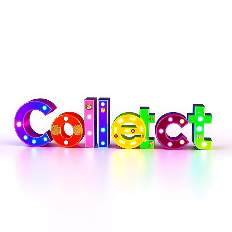 Foto coleccionable coleccionador de texto en 3d reúne con entusiasmo letras vibrantes de varios colores brillan coleccionador